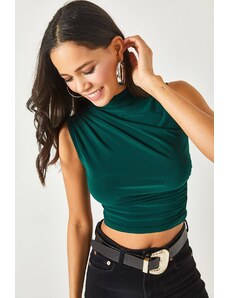 Olalook Women's Emerald Green High Neck Gathered Detailed Crop Blouse