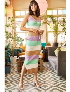 Olalook Women's Striped Lilac Knitted Belted Strap Slit Knitwear Dress