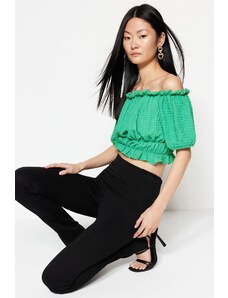 Trendyol Green Carmen Collar Crepe Crop Knitted Blouse