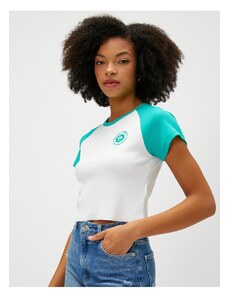 Koton Crop T-Shirt Embroidered Short Sleeve Crew Neck