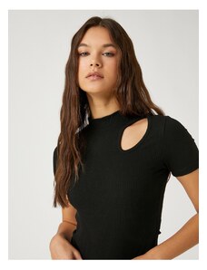 Koton Crop T-Shirt with Window Detail Standing Collar Short Sleeves