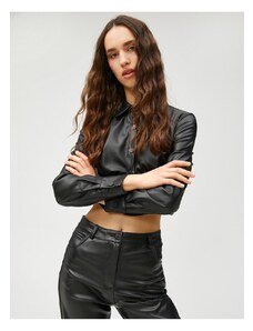 Koton Leather Look T-Shirt with Crop Corset Detailed Long Sleeves and Buttons.