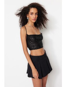 Trendyol Black Crop Lined Sequin Blouse with Shimmering Pipe