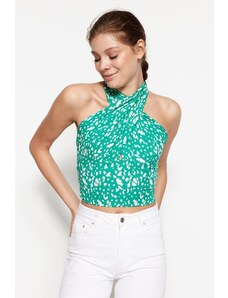 Trendyol Green Printed Halterneck Fitted/Slippery Knitted Blouse with Crop