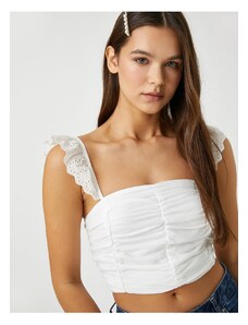 Koton Crop Top Embroidery Ruffle Strap Detail Gathered Square Collar