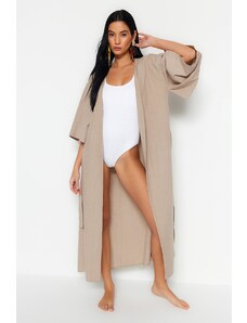 Trendyol Beige Belted Maxi Woven Linen Look Kimono & Kaftan