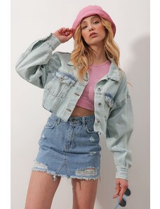 Trend Alaçatı Stili Dámské Modré Dvojitá Kapsa Laser Cut Crop Jean Jacket