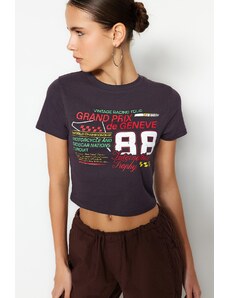 Trendyol Anthracite 100% Cotton Slogan Print Fitted Crop Knitted T-Shirt