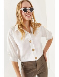 Olalook Women's White Wooden Buttoned Three Quarter Sleeve Linen Shirt