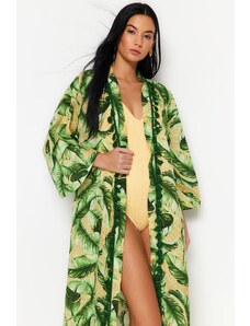 Trendyol Tropical Patterned Belted Midi Woven Kimono & Kaftan 100% Cotton with Tassels