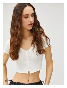 Koton Crop T-Shirt V-Neck Short Sleeve Button-Up