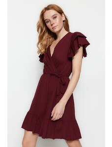 Trendyol Claret Red 100% Bavlna Volánkové Rukávy Volánky Detailní Dvouřadé Mini Pletené Šaty