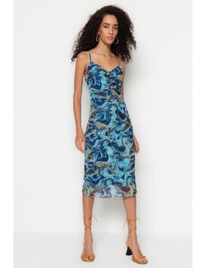 Trendyol Blue Patterned Gathered Tulle Knitted Dress