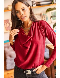 Olalook Women's Burgundy Shoulder Pleated Degashed Collar Loose Knitted Blouse
