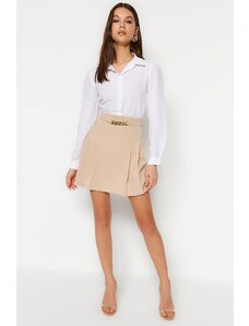Trendyol Beige Chain Detailed A-line High Waist Mini Smart Crepe Knitted Skirt