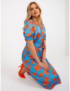Fashionhunters Modré a oranžové midi koktejlové šaty s páskem