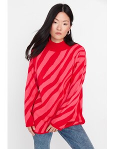 Trendyol červený růžový zvířecí pruh vzorovaný pletený svetr