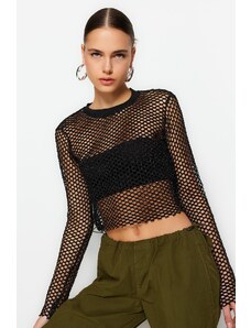 Trendyol Black Lurex Mesh Relaxed Cut Crew Neck Crop Knitted Blouse