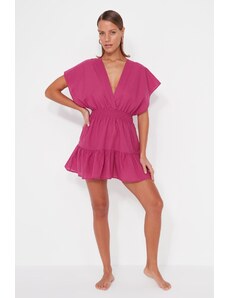 Trendyol Fuchsia Mini tkané plážové šaty s hlubokým výstřihem na zádech ze 100% bavlny
