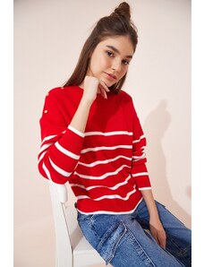 Happiness İstanbul Women's Red Button Detailed Striped Knitwear Sweater