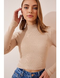 Happiness İstanbul Women's Cream Ribbed Turtleneck Crop Knitted Blouse