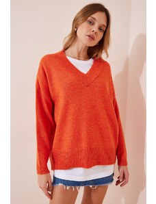 Happiness İstanbul Women's Orange V-Neck Oversize Knitwear Sweater