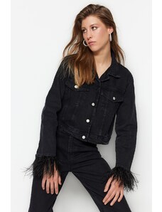 Džínová bunda Trendyol Black Pile Trucker Crop