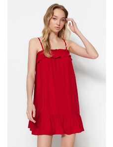 Trendyol Red Straight Cut Mini Woven Ruffle Detailed Woven Dress
