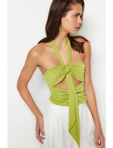Trendyol Oil Green Crop Knitted Window/Cut Out Detail Blouse