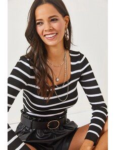 Olalook Women's Black Striped Square Collar Basic Crop Knitwear Blouse