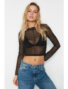 Trendyol Black Stitch Detail Fitted/Simple Crew Neck Crop Tulle Elastic Knitted Blouse