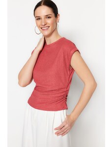 Trendyol Basic Crew Neck Ruffled Knitted Blouse with Dusty Rose Gather Detail