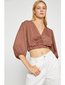 Koton V Neck Balloon Sleeve Crop Blouse Satin Look