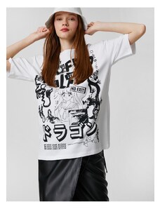 Koton Oversized T-Shirt with Short Sleeves and Oriental Print Crewneck.