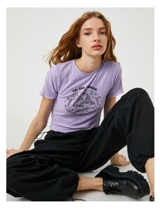 Koton Crop T-Shirt Ribbed Printed Short Sleeves