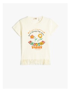 Koton T-Shirts Tasseled Short Sleeve Printed Glittery Cotton