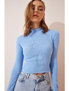 Happiness İstanbul Women's Sky Blue Ribbed Turtleneck Crop Knitted Blouse