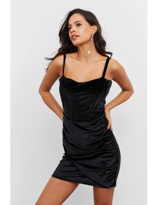 Cool & sexy dámské černé sametové nařasené mini šaty YEL63