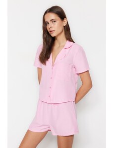 Trendyol Pink Terrycotton Shirt-Shorts Woven Pajama Set