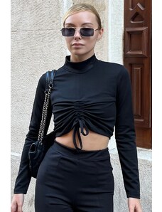 Trend Alaçatı Stili Women's Black Adjustable Half Turtleneck Crop Top with Front Gatherings