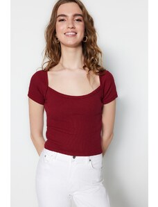 Trendyol Claret Red Fitted Square Neck Crop Corduroy Stretch Knitted Blouse
