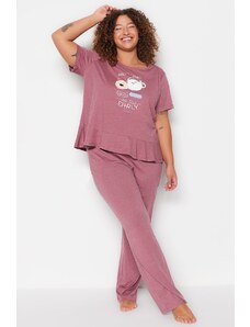 Trendyol Curve Claret Red Printed Short Sleeves Knitted Pajamas Set