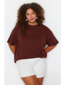 Trendyol Curve Brown Crew Neck Back Printed Knitted T-shirt