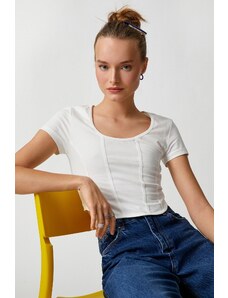 Koton Crop T-Shirt Cotton Round Neck Ribbed Short Sleeves