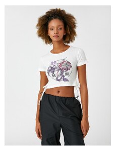 Koton Crop T-Shirt with Oriental Print Short Sleeves Lacing Detail