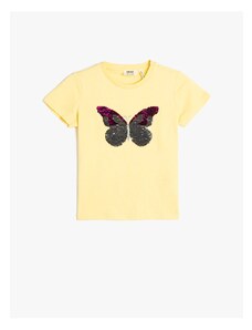Koton T-Shirt With A Crew Neck Short Sleeves Butterfly Sequins Embroidered Cotton.