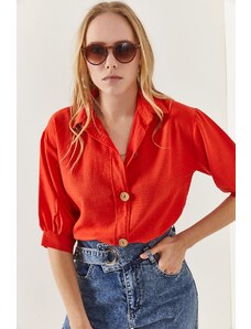 Olalook Women's Orange Wooden Buttoned Three Quarter Sleeve Linen Shirt