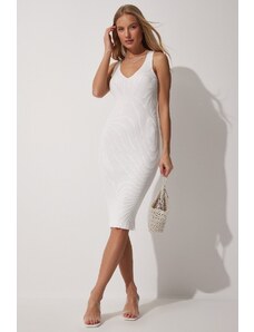 Happiness İstanbul Women's White V-Neck Ribbed Knitwear Dress