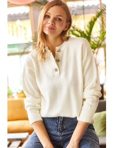 Olalook Women's White 3-Button Soft Textured Knitwear Sweater