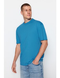 Trendyol Blue Pánské Volný / Pohodlný střih, Stojáček Krátký rukáv Tričko ze 100% bavlny